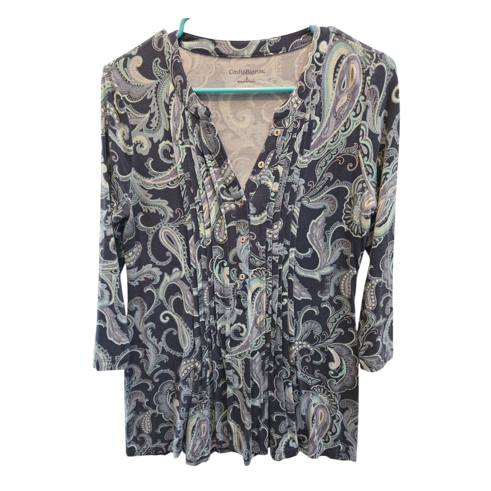 Croft And Barrow Womens Blue Paisley Top SZ S